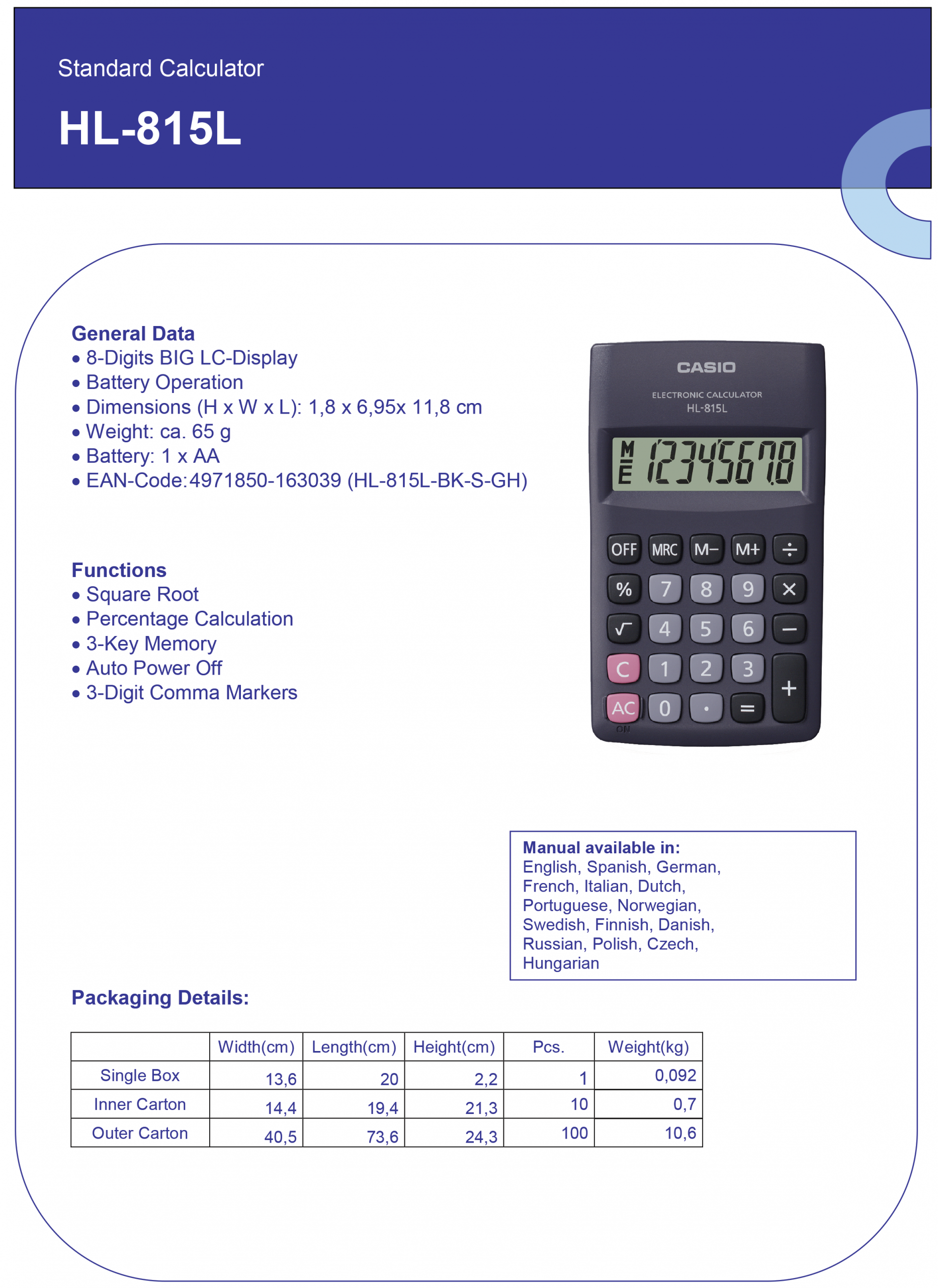 CASIO DŽEPNI KALKULATOR HL815 - Слика 5