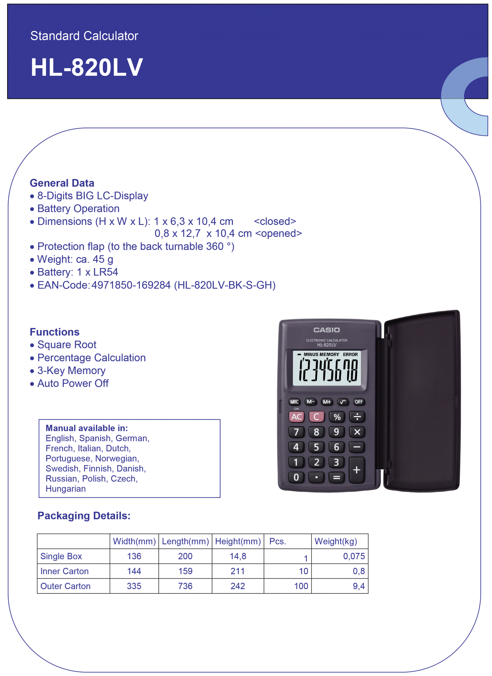 CASIO DŽEPNI KALKULATOR HL820 LV - PROSTA LOGIKA - Слика 2