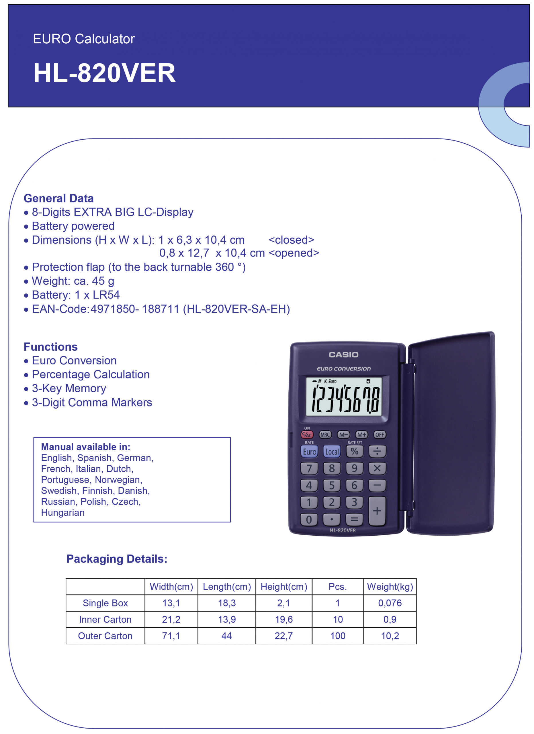 CASIO DŽEPNI KALKULATOR HL820 VER - Слика 2