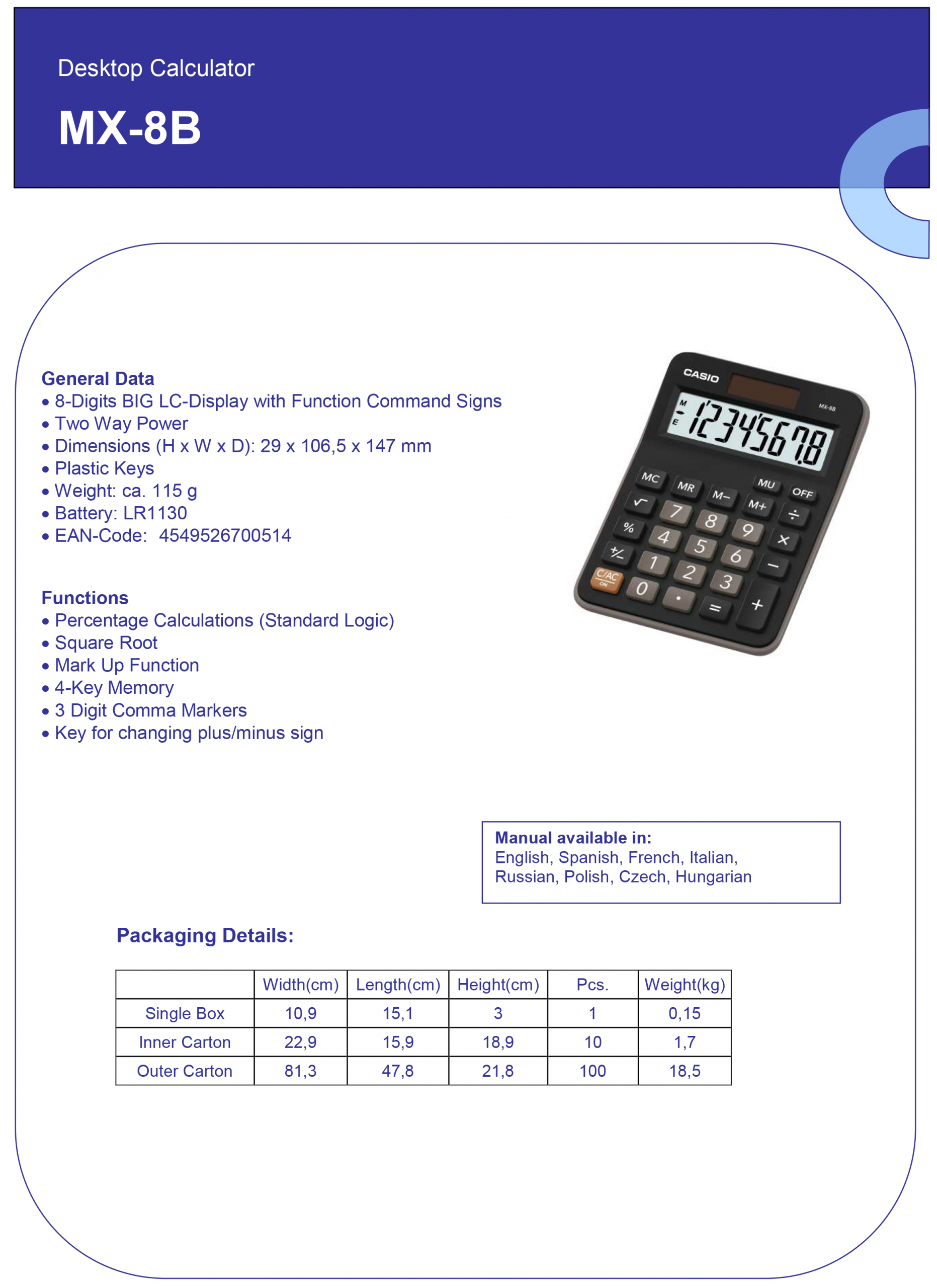 CASIO KALKULATOR MX 8 B - Слика 2