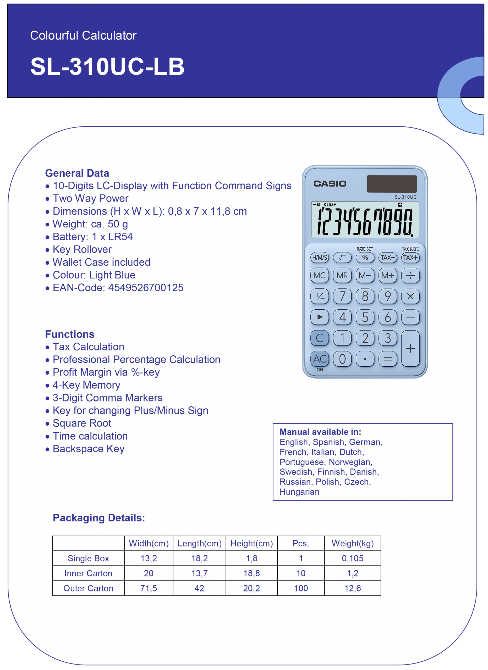 CASIO KALKULATOR SL310 UC SVETLO PLAVI - Слика 2